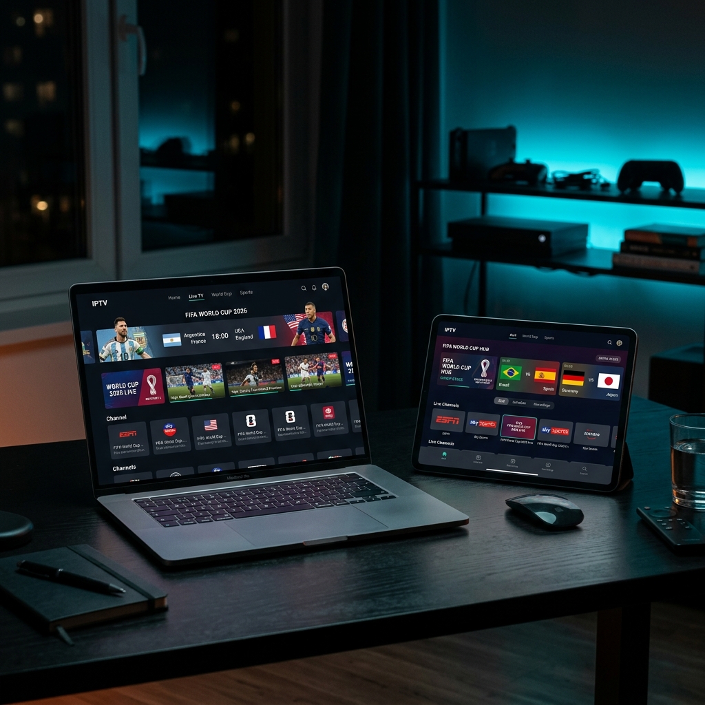 Multi-device 4K World Cup streaming setup showing TV, tablet, and phone