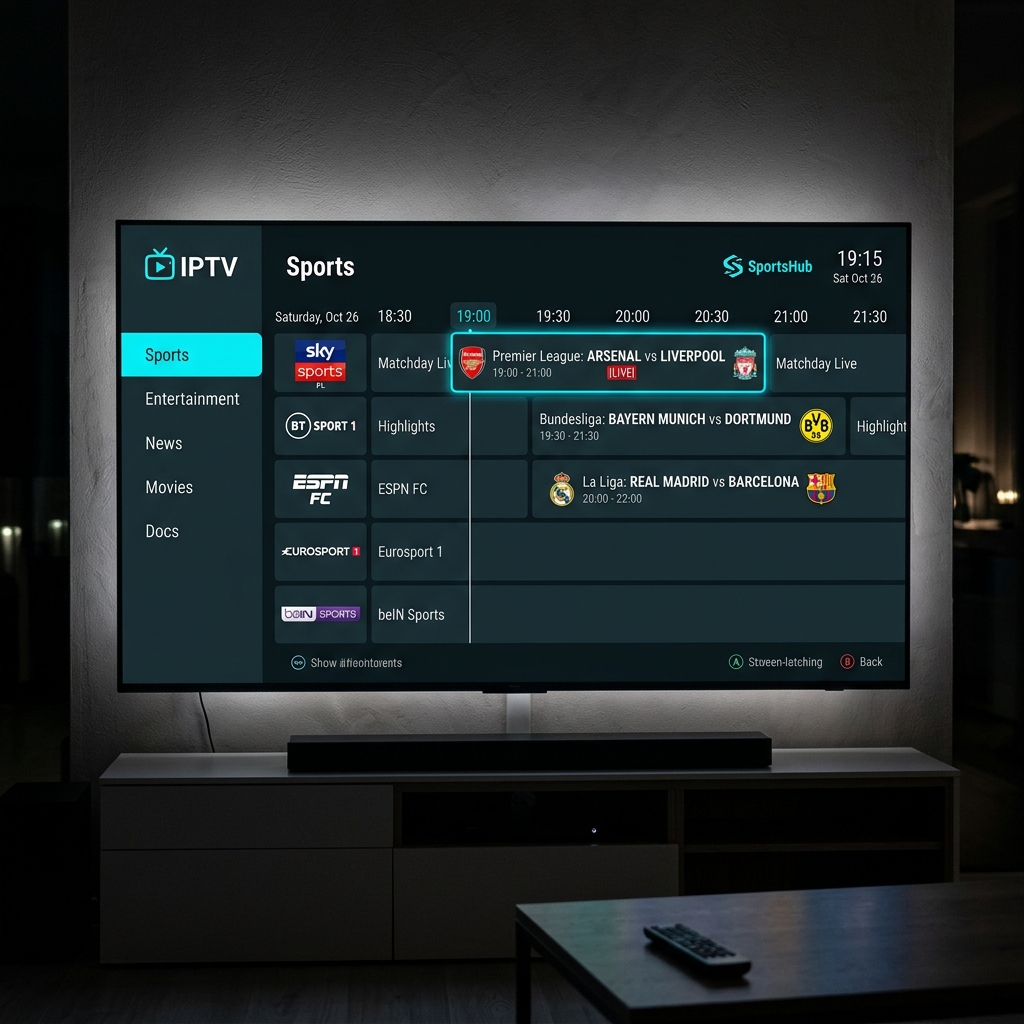 IPTV electronic program guide showing World Cup match listings with channel categories