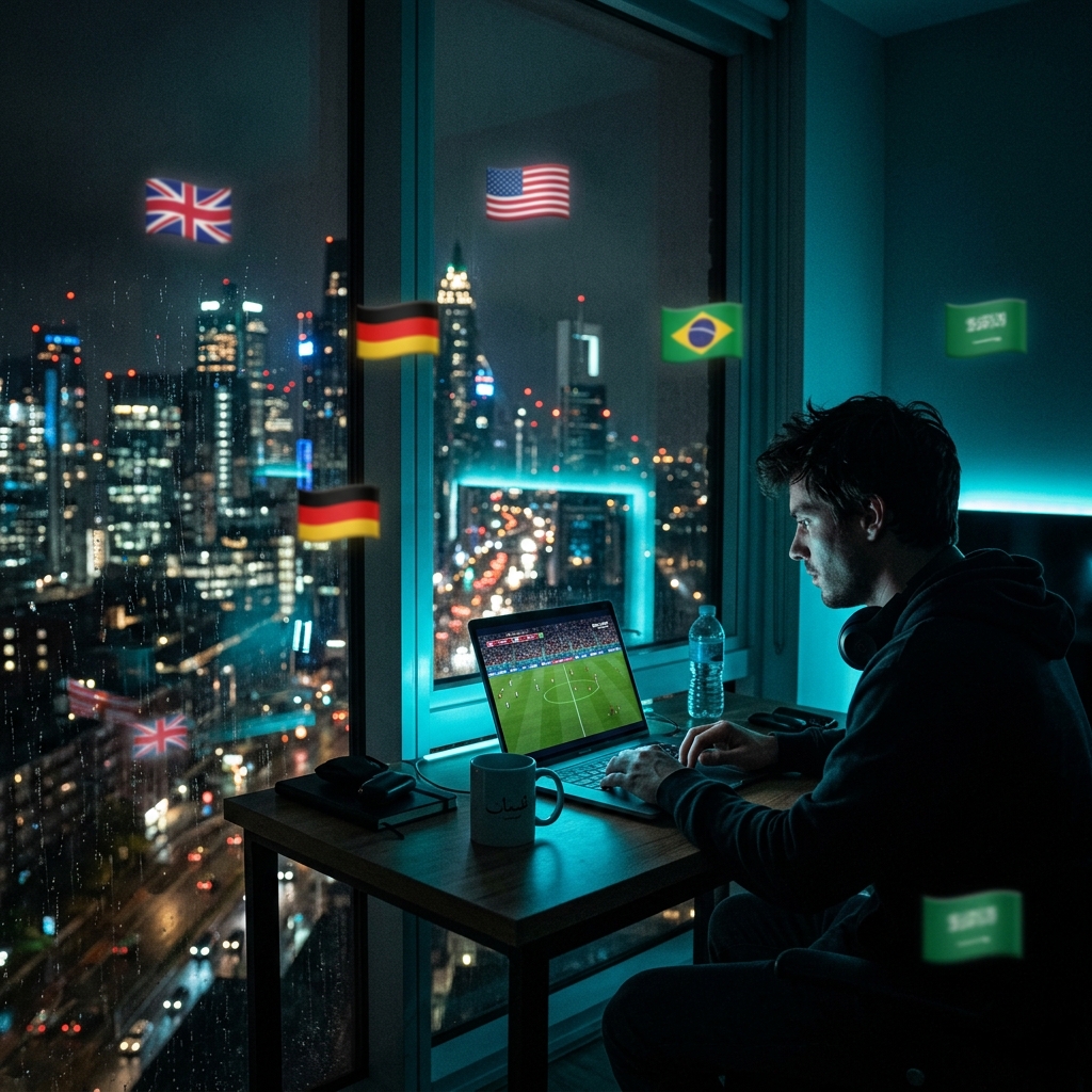 Expat watching World Cup 2026 on laptop from abroad with IPTV