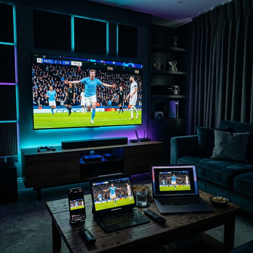 PLIMA4K IPTV service review — multi-device home theater setup showing 4K football