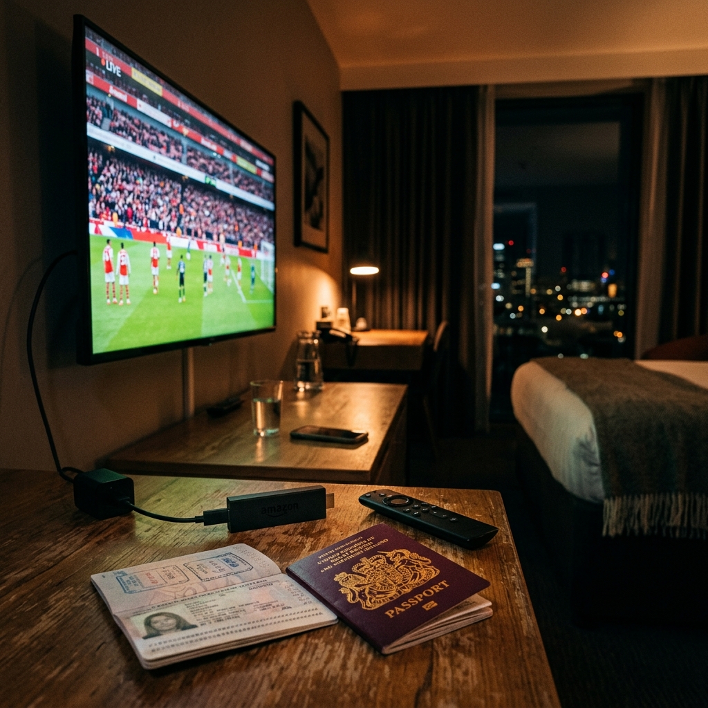 Travel IPTV setup with Fire TV Stick in a hotel room for World Cup streaming