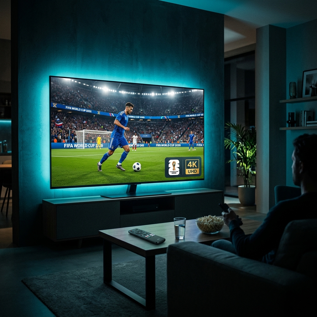 4K World Cup streaming setup with IPTV on a large TV in a modern living room