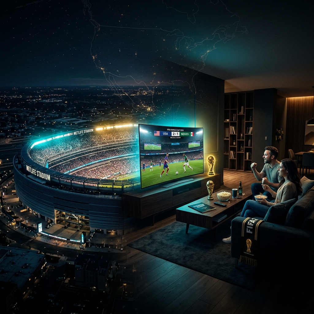 FIFA World Cup 2026 complete viewing guide showing stadium and home streaming setup